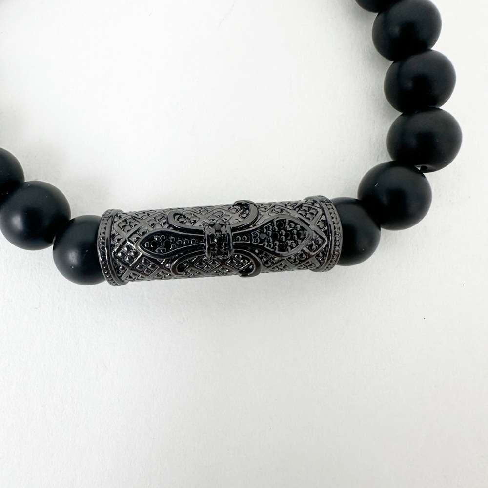 NWT Genuine Black Onyx & Metallic Bead Bracelet Men's Black - Picture 2 of 3